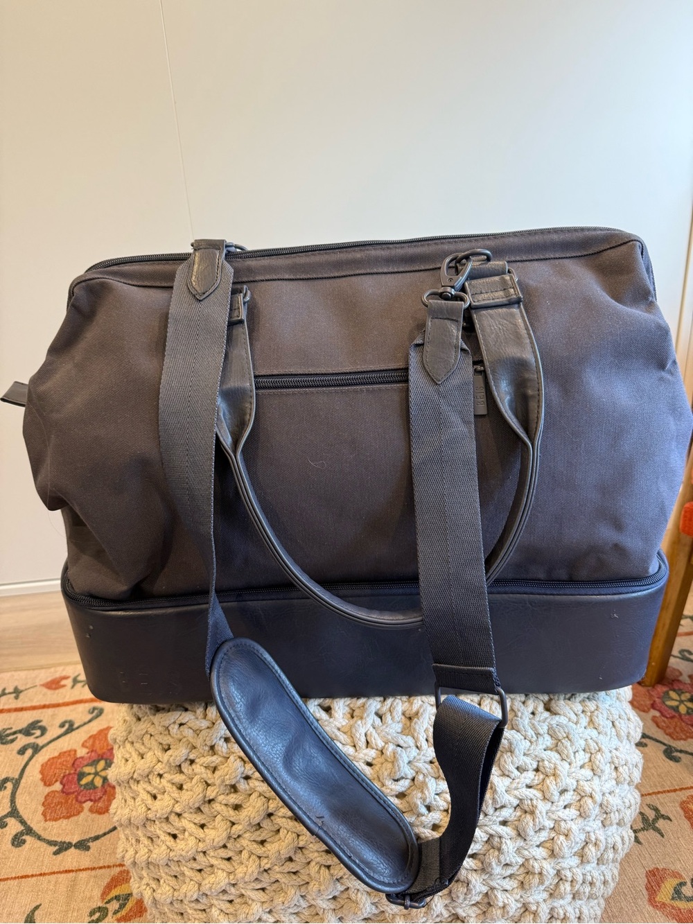 BEIS Navy Weekender Canvas Travel Duffel with Bottom Compartment